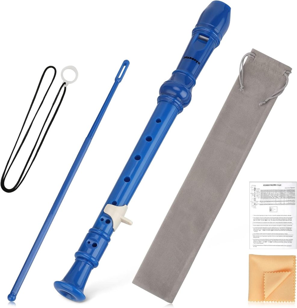 Hanaoyo Soprano Recorder Instrument for Beginners Kids Students, German Style C Key 8 Holes Recorder Instrument with Cleaning Kit, Fingering Chart, Cotton Bag, Thumb Rest, Lanyard (Blue)