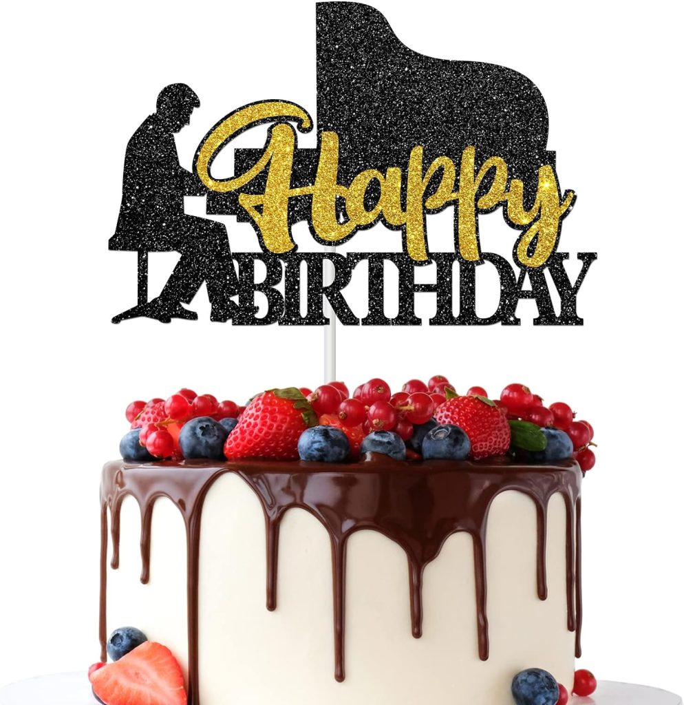 Happy Birthday Cake Topper,Music Sign Birthday Cake Decors,Musical Piano Theme Birthday Party Decoration Supplies,Black Glitter