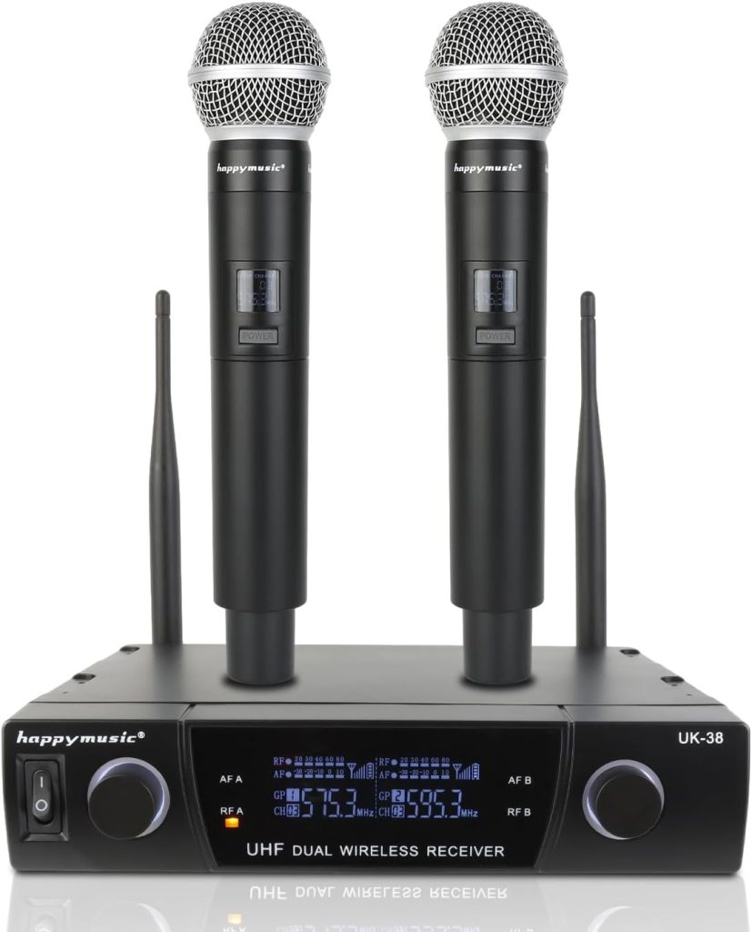 happymusic Professional UHF 2 Channel Wireless Microphone System, Cordless Handheld Mic Set, 150ft Range Perfect for DJ, Church, Weeding, Event, Gigs, Singing, Home Karaoke, Black (UK-38)
