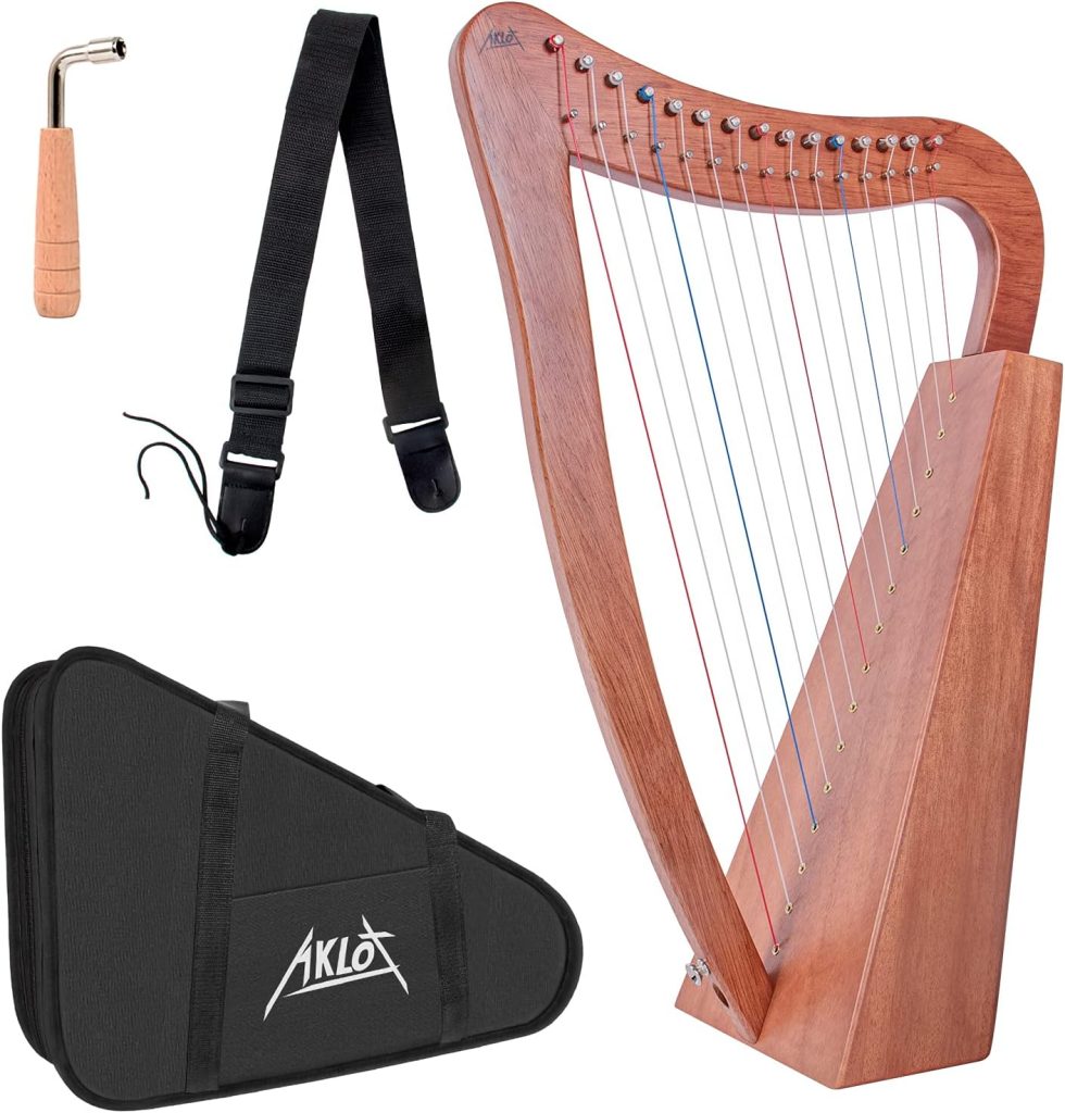 Harp, AKLOT 15 Strings Mahogany Harp 22 Inch Height for Adult Professional Beginner with Tuning Wrench,Black Gig Bag,Strap (NO Spare String, International Standard Strings)