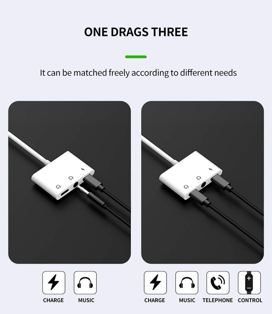 Headphone Adapter Lightning to 3.5mm AUX Audio Jack and Charger Extender Dongle Earphone Headset Splitter Compatible with iPhone 11 12 Mini pro max xs xr x se2 7 8 Plus for Ipad Air Cable Converter