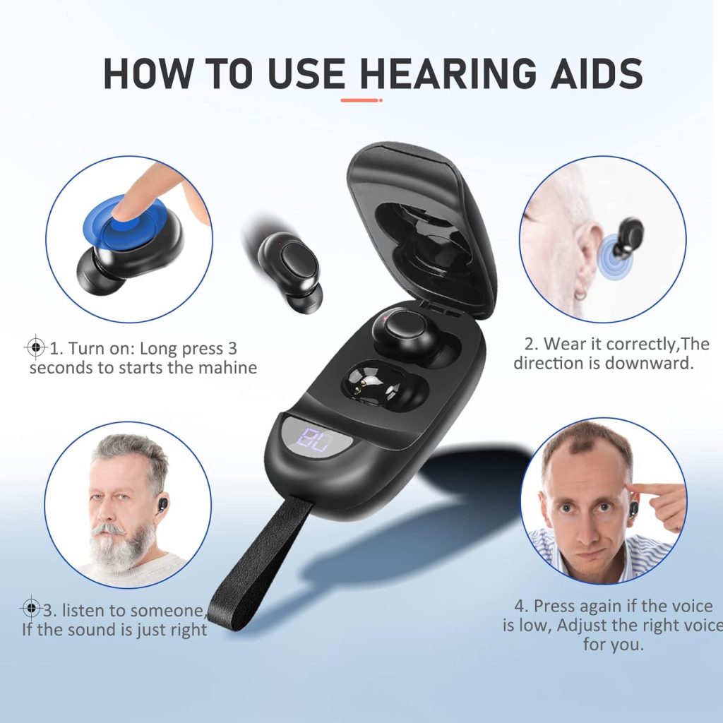 Hearing Aids for Seniors Rechargeable With Noise Cancelling, In Eear hearing amplifier Earbuds for Elderly Adult, Hearing Aides for Seniors with LED Power Display  Charging Case