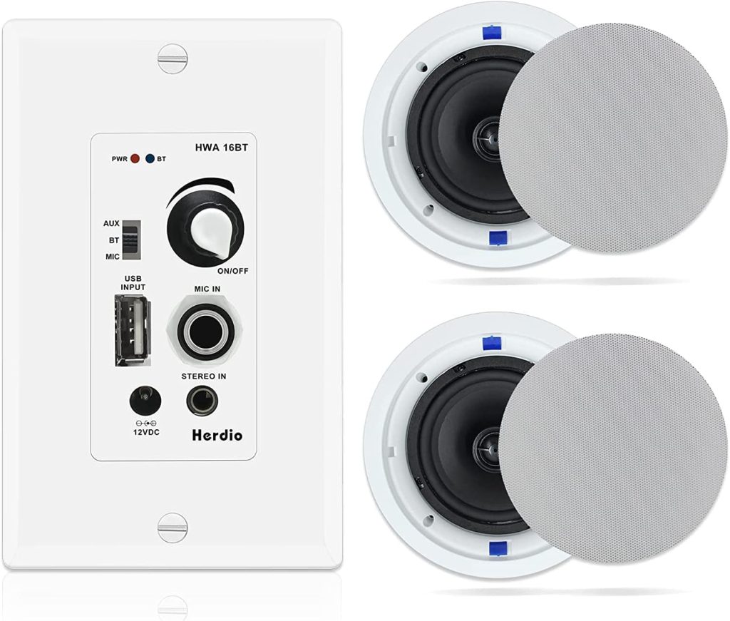 Herdio 6.5 Inch Bluetooth Ceiling Speakers 320W 2-Way Flush Mount in Wall Amplifier Receiver Perfect for Home Theater Bathroom Living Room Kitchen Office (White, Pair) : Electronics