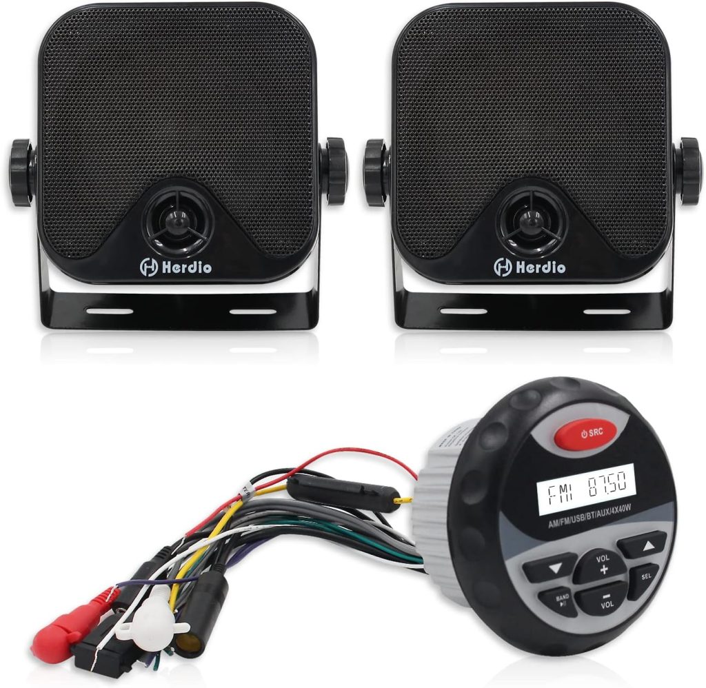 Herdio Marine Radio and Speakers Kit, MP3/USB AM/FM Marine Radio Bluetooth for Boat ATV UTV SPA (White)
