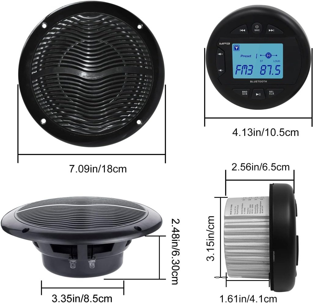 Herdio Marine Radio and Speakers Set Compatable with Bluetooth, Marine Gauge Head Unit+6.5 Inch Marine Flush Wall Mount Ceiling Speakers+Rubber Flexible Mast FM AM Antenna White