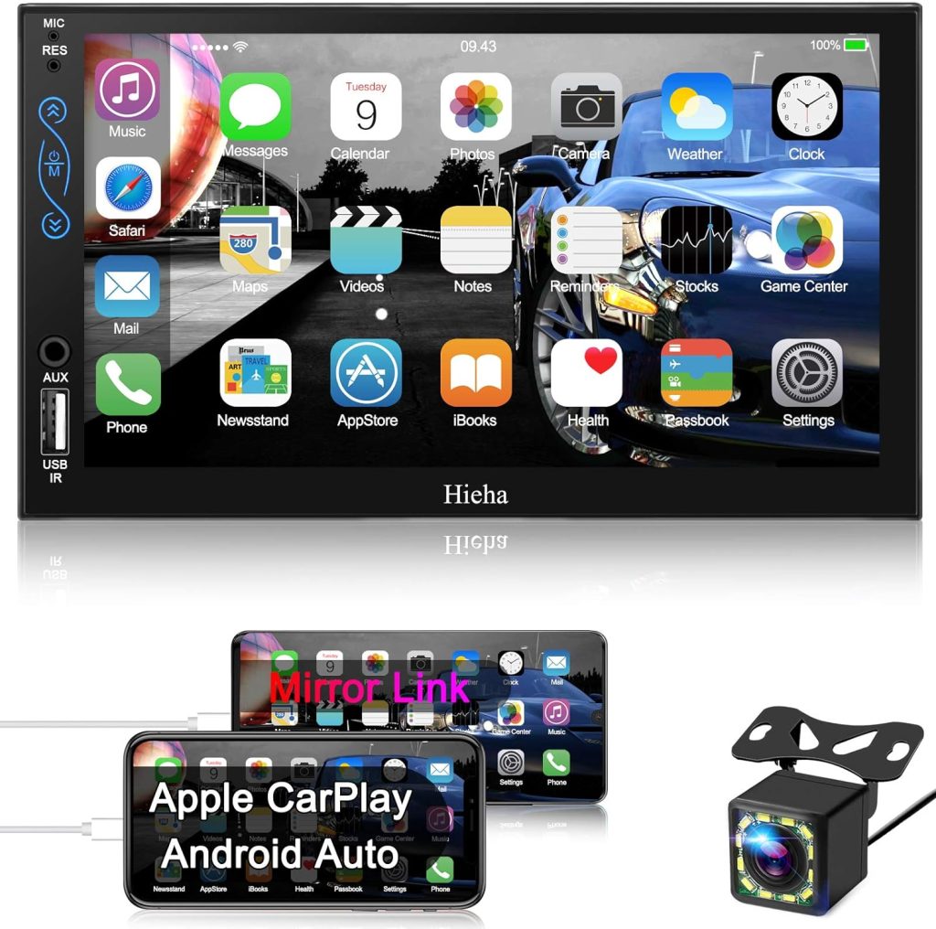 Hieha Car Stereo Compatible with Apple Carplay and Android Auto, 7 Inch Double Din Stereo with Bluetooth, Touch Screen Radios MP5 Player with A/V Input, Backup Camera, Mirror Link, SWC