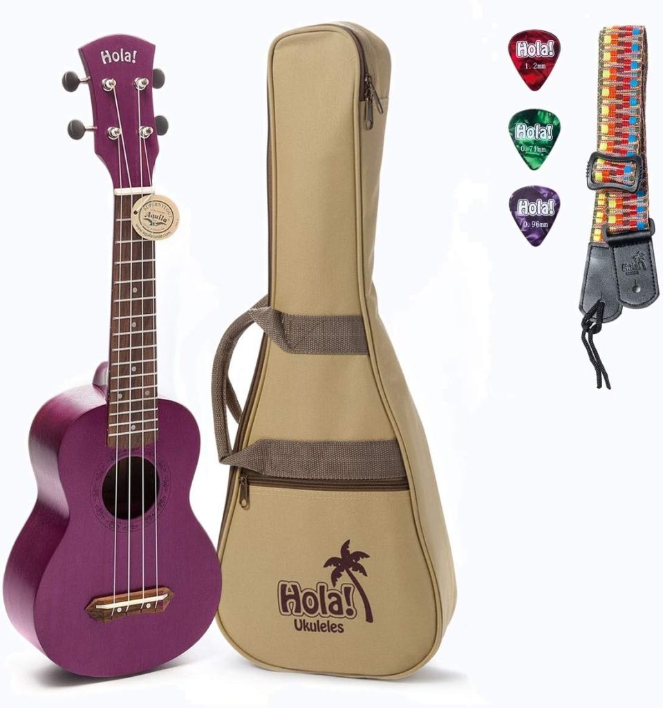 Hola! Music HM-121PP+ Deluxe Mahogany Soprano Ukulele Bundle with Aquila Strings, Padded Gig Bag, Strap and Picks - Purple