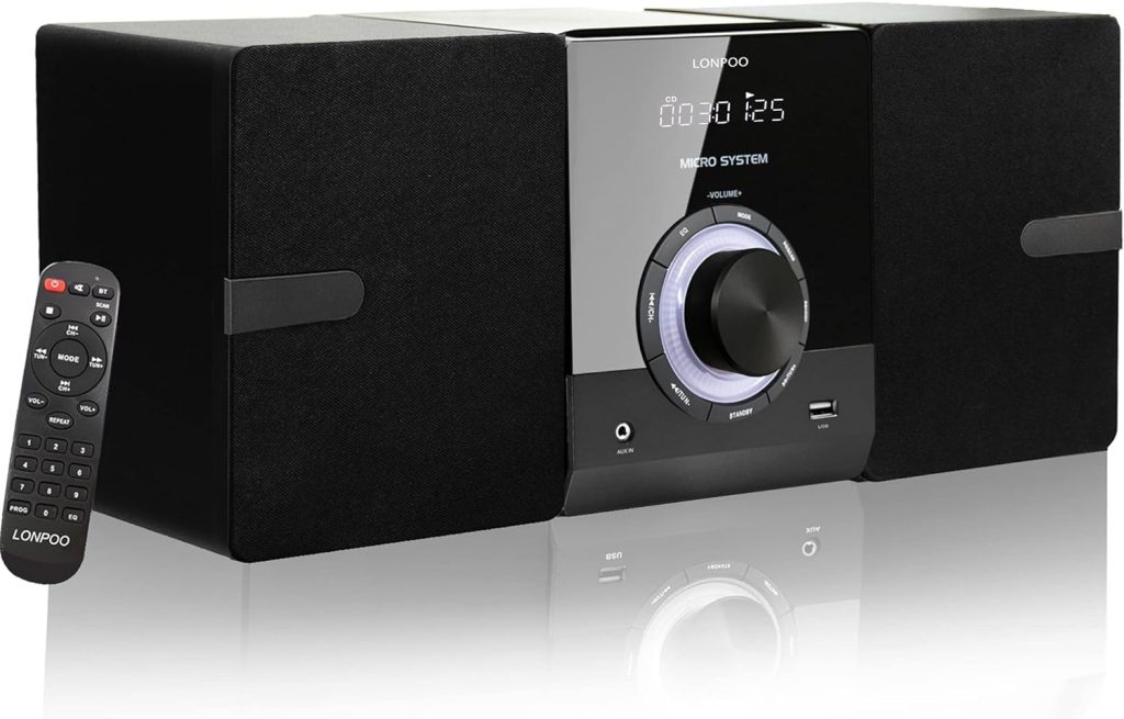 Home CD Stereo Shelf System - 30W Compact Micro Stereo System with CD Player, Bluetooth, FM Radio, Aux-in, USB Playback, 2-Way Music Crisp-Sound, DSP-Tech, Remote Control