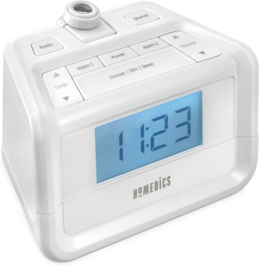 Homedics Sound Machine and Alarm Clock with Time Projection. White Noise Sound Machine with a Digital FM Alarm Clock Radio, 8 Sounds, Snooze, Sleep Timer and Night Light