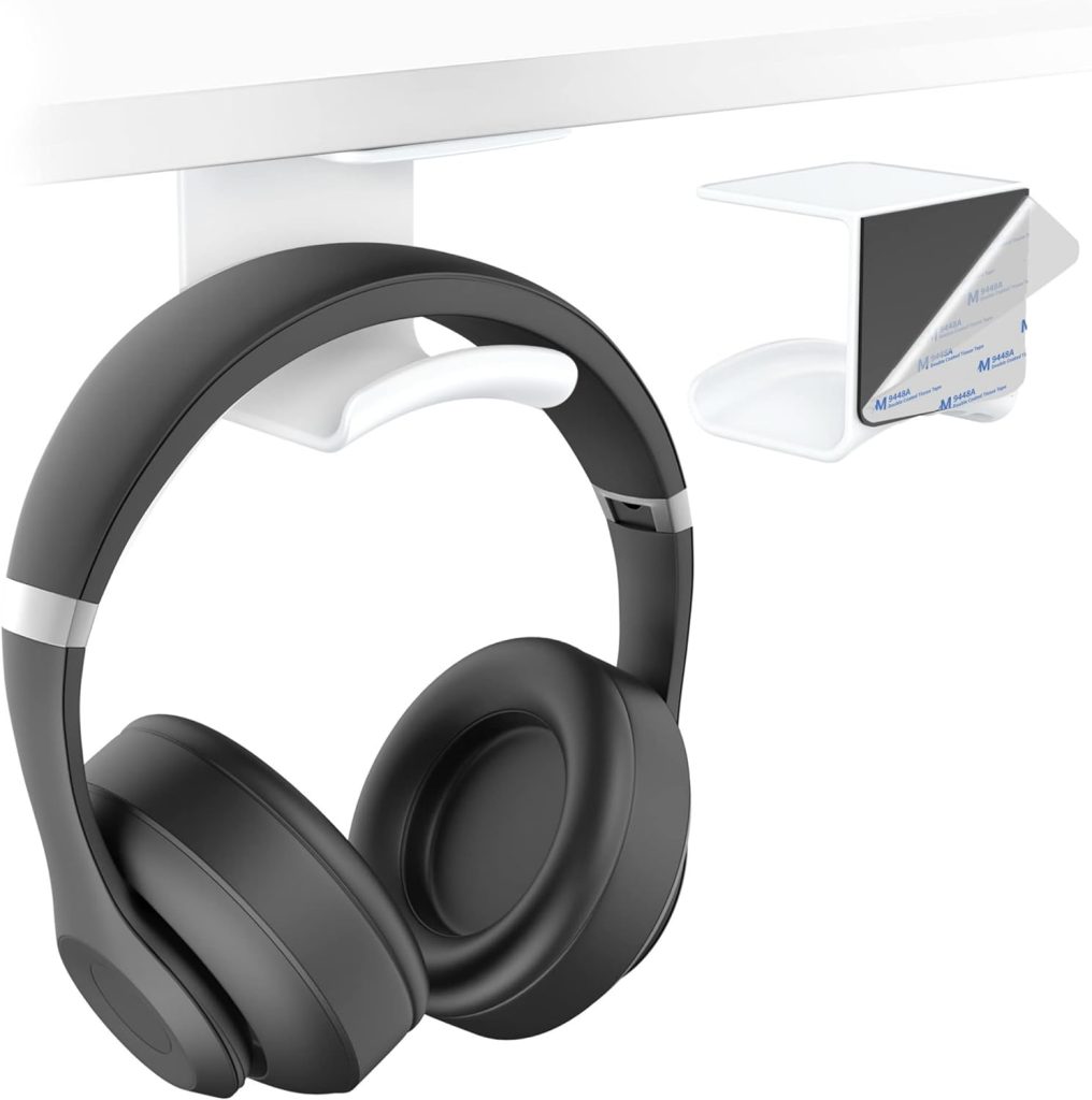 HomeMount Headphone Hook Under Desk - Headphone Holder Under Table, Adhesive Gaming Headphone Stand Hanger Desk Mount for Most Headphone（White）