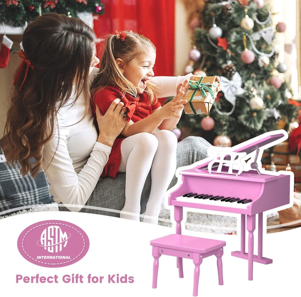 HOMGX Classical Kids Piano, 30 Keys Wood Grand Piano w/Bench Stand, Musical Instrument Educational Toy, Birthday Gift for Toddlers 3+ Boys Girls (Straight Leg, Pink)