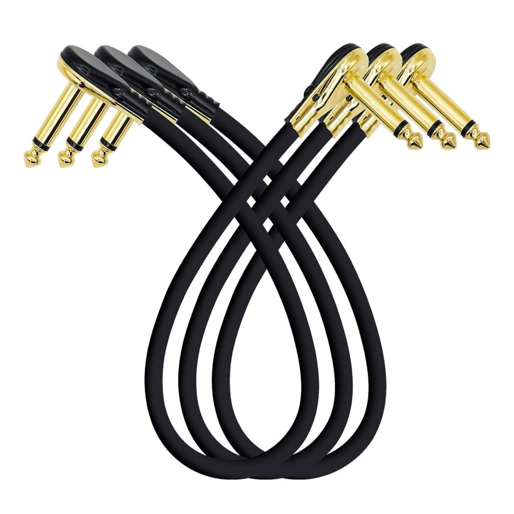 HONEST KIN Guitar Patch Cables 12 inch Flat Low Profile, 1/4 Right Angle Guitar Pedal Instrument Cable, Gold Plated Pancake Connector S-Shape Effects Pedal Cable (Pack of 3)