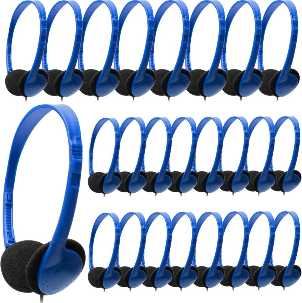 Hongzan Wholesale Bulk Headphones 25 Pack for School Classroom Lightweight On-Ear Wired Headsets with 3.5mm Plug Class Set for Kids Students Children and Adult（Blue）