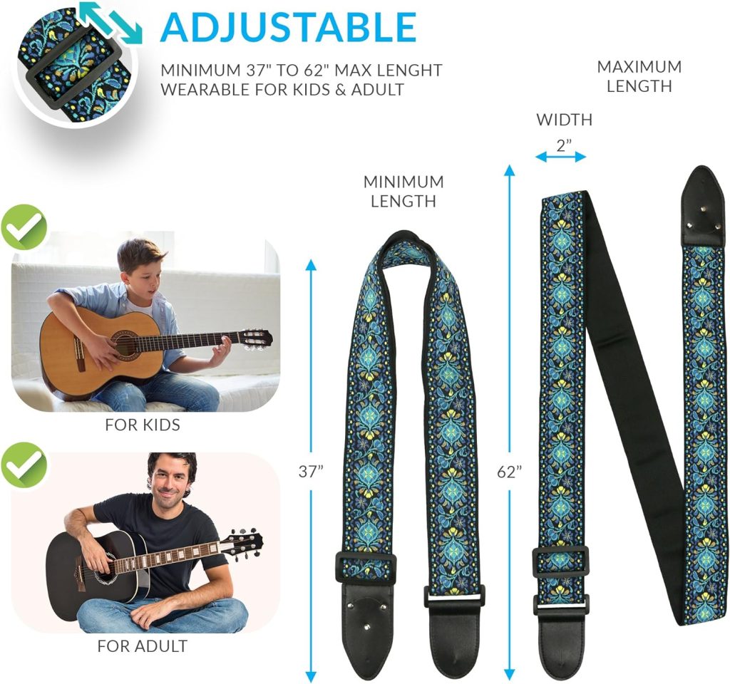 Hootenanny Guitar Strap For Acoustic Guitars , Electric Guitars and Bass , Jacquard Weave Embroidered Adjustable Strap Includes 2 Strap Locks To Keep Your Guitar Safe  2 Unique Picks and Pick Pocket