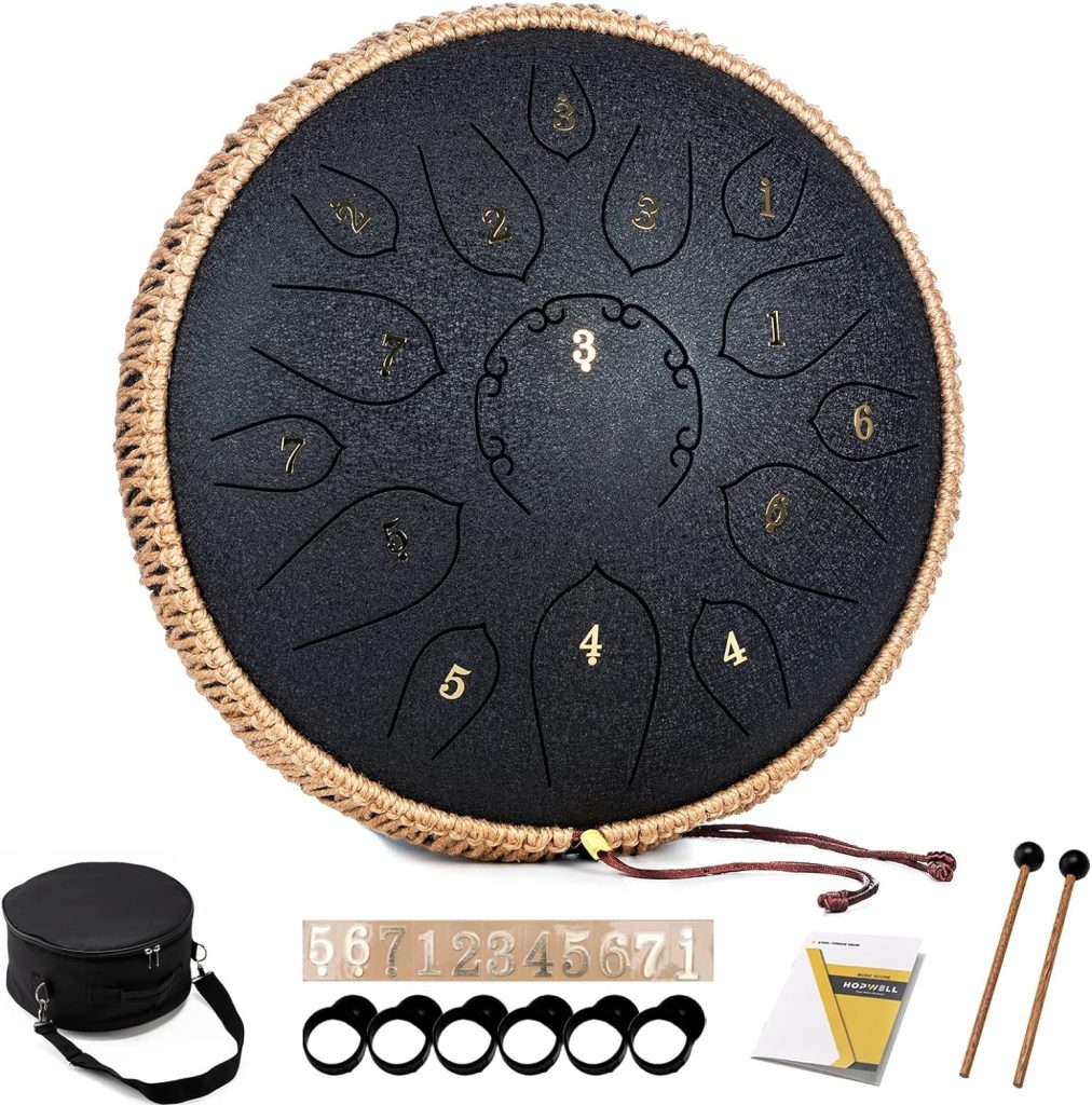 HOPWELL Steel Tongue Drum - 15 Note 12 Inch Tongue Drums - Percussion Instruments - Hand Pan Drum with Music Book, Drum Mallets and Carry Bag, D Major, Black