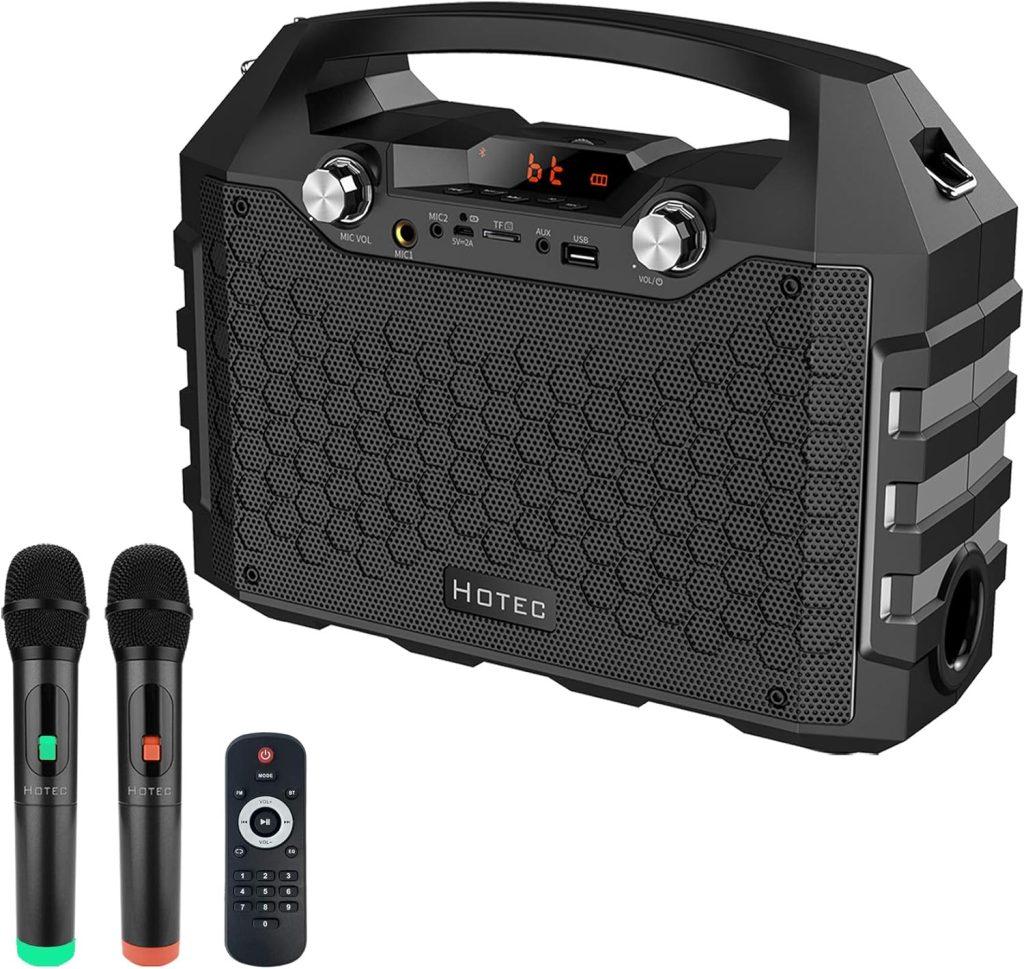 Hotec Wireless Bluetooth Portable PA Speaker System, Powerful Bluetooth Karaoke Machine with Dual Wireless Microphones for Karaoke, Wedding, Party, Teaching, Lecture, Church, Outdoor Indoor Activities