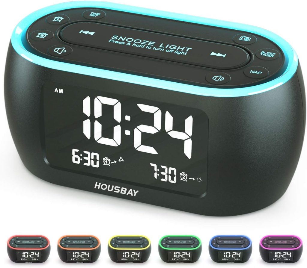 HOUSBAY Glow Small Alarm Clock Radio for Bedrooms with 7 Color Night Light, Dual Alarm, Dimmer, USB Charger, Battery Backup, Nap Timer, FM Radio with Auto-Off Timer for Bedside