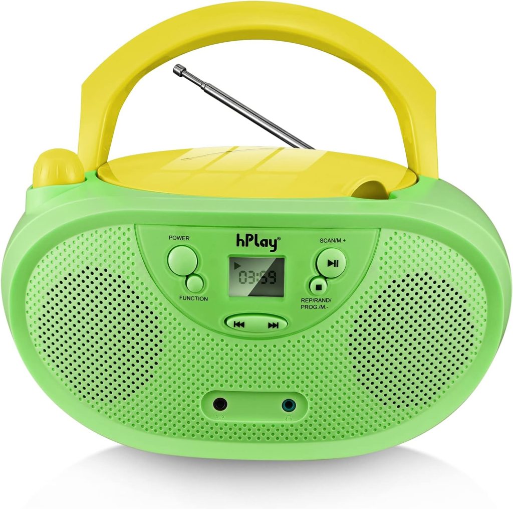 hPlay Gummy GC04 Portable CD Player Boombox with AM FM Stereo Radio Kids CD Player LCD Display, Front Aux-in Port Headphone Jack, Supported AC or Battery Powered - Pastel Green