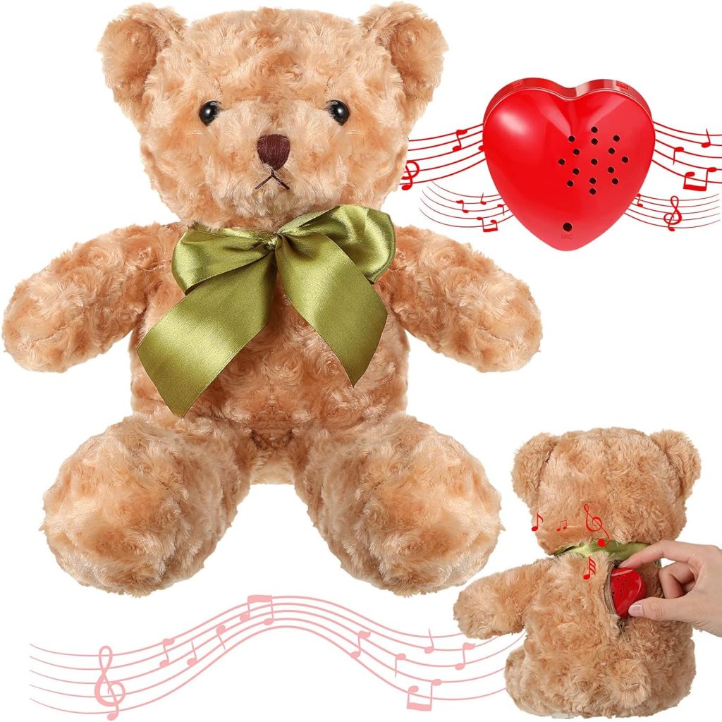 Hungdao Bear Stuffed Animals with Voice Recorder Set, 60 Seconds Voice Sound Recorder Module 16 Inch Soft Plush Bear Cute Stuffed Bear with Zipper Sound Box Recordable Heart for Boys Girls (Brown)