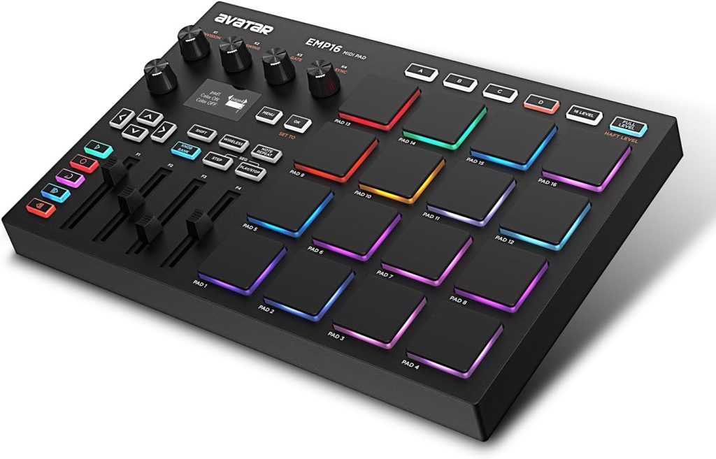HXW EMP16 USB MIDI Pad Controller Portable Bluetooth Beat Maker Machine, With 16 RGB Velocity Sensitive Drum Pads, OLED Display, MIDI In and Out, Production Software