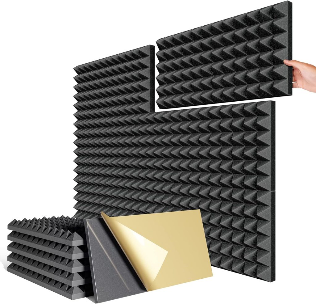 HYCHINS 6 Pack Self-adhesive Sound Proof Foam Panels-24 x 12 x 2 Acoustic Foam Panels Pyramid Design Acoustic Panels Fast Expand Soundproof Wall Panels Absorbs Sound and Eliminates Echoes