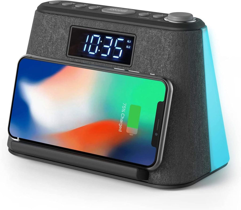 i-box Digital Alarm Clock Radio, Bedside LCD Alarm Clock with USB Charger  Wireless QI Charging, Bluetooth Speaker, FM Radio, RGB Mood LED Night Light Lamp, Dimmable Display and White Noise Machine