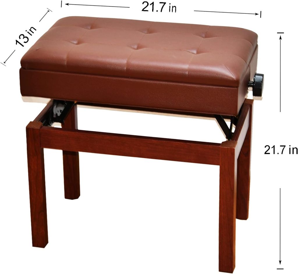 icefree Piano Bench Adjustable with Storage, Brown Piano Bench Cushions Leather  Solid Wood,Music Bench, Piano Stool