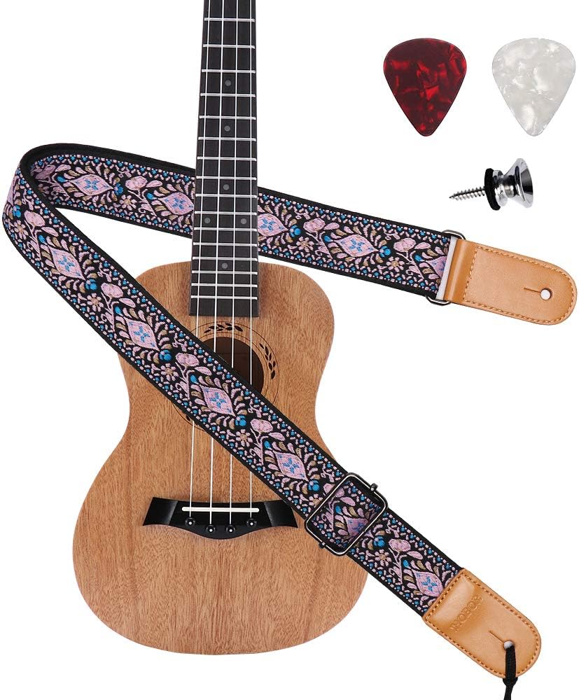 IHOBOR Ukulele Strap, Hawaiian Jacquard Red Flower Ukelele Shoulder Strap, Suitable for Soprano Concert Tenor Baritone String Instruments