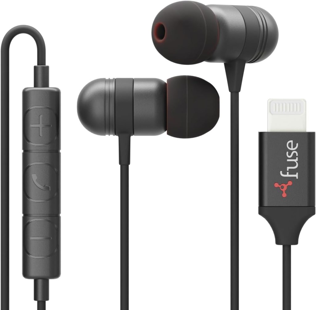 iJoy Fuse Wired Earbuds with Lightning Connector Headphones with Microphone, Noise Cancelling Earphones, Noise Cancelling Headset for Workout, Running, Gym (Black w/MFI Connector)
