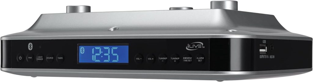 iLive Under Cabinet Music System with Built in Stereo Speakers and FM Radio/USB Port Supports MP3 Files, Aux Port, Bluetooth, Clock and Timer with LCD Display Enjoy Your Kitchen with Style