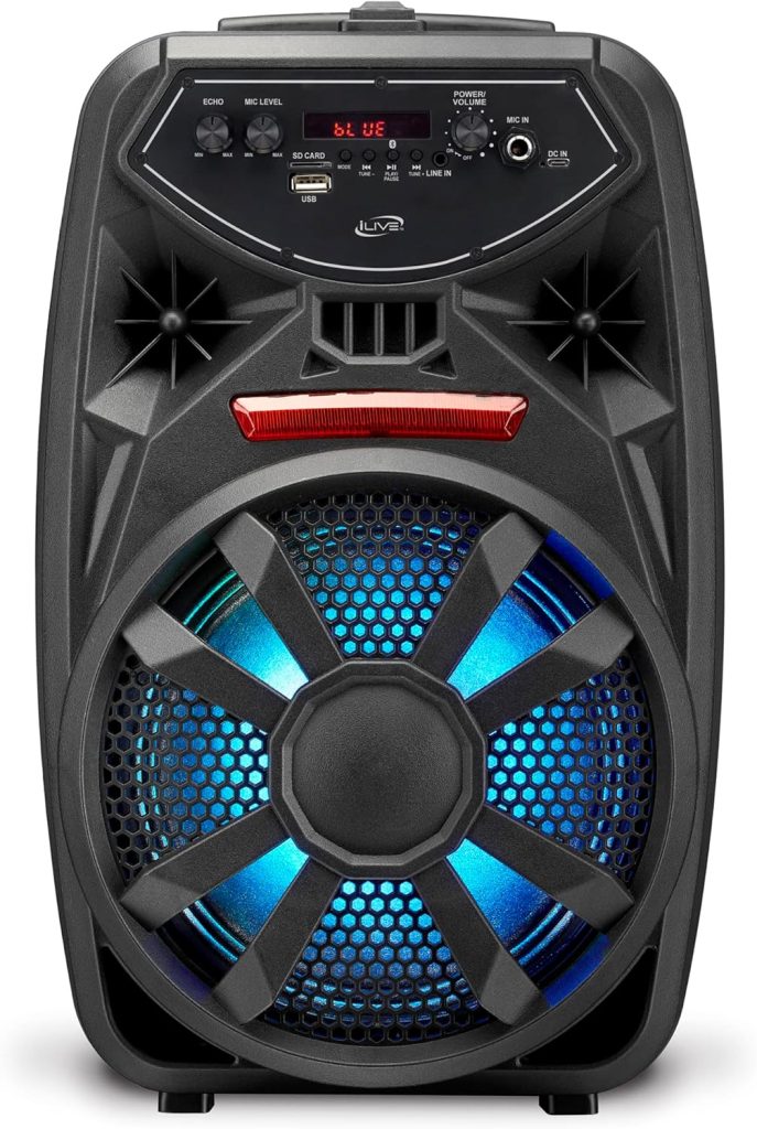 iLive Wireless Tailgate Party Speaker, LED Light Effects, Built-in Rechargeable Battery, Black (ISB380B)