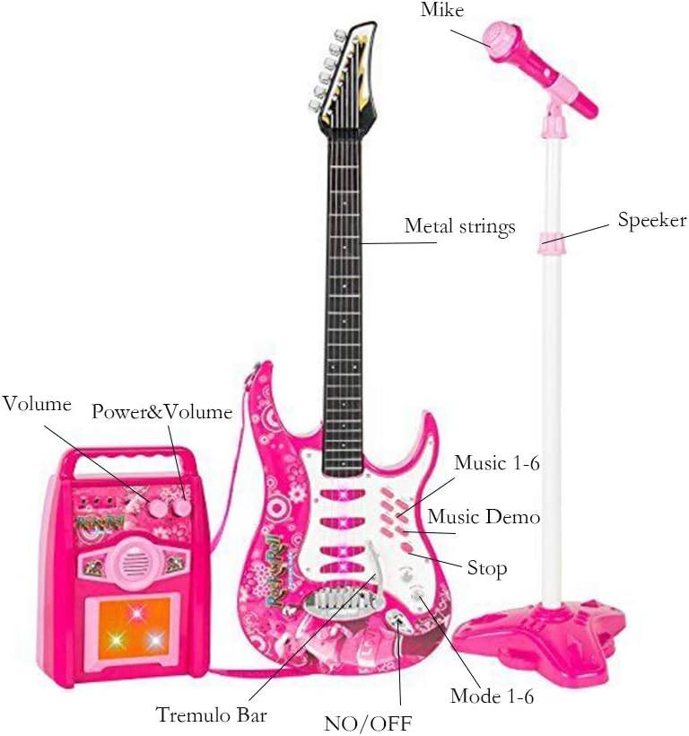 iMeshbean Electric Toy Guitar Kit Toy Play Set for Kids Girls Boys with Microphone, Wired Amp, AUX. (Pink)