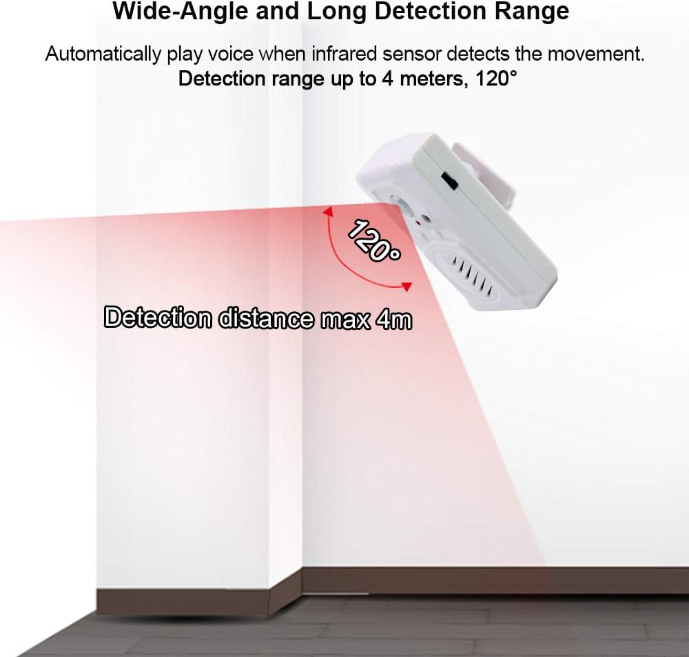 Infrared Motion Sensor Activated Sound Speaker Built with Microphone Recordable Voice for Shop Sale, Garage Door Alert, Greeting Visitor Door Chime, Security Reminder