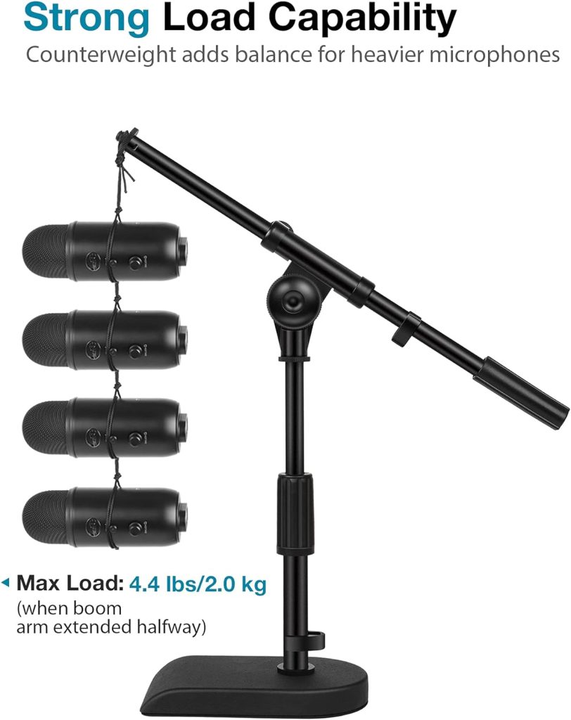 InnoGear Adjustable Desk Microphone Stand, Weighted Base with Soft Grip Twist Clutch, Boom Arm, 3/8/ and 5/8/ Threaded Mounts for Blue Yeti and Blue Snowball, Kick Drums, Guitar Amps, Black