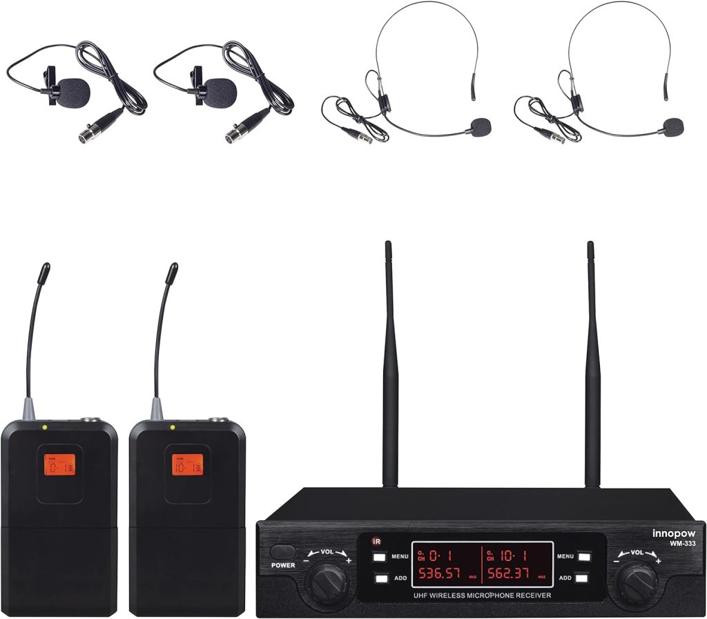 innopow 200-Channel Wireless Lavalier Microphone, Dual UHF Bodypack Cordless Lavalier Mic System Set, Auto Scan, Long Range 200-240Ft, 16 Hours Use Ideal for Speaking, Classroom 2023 333B…