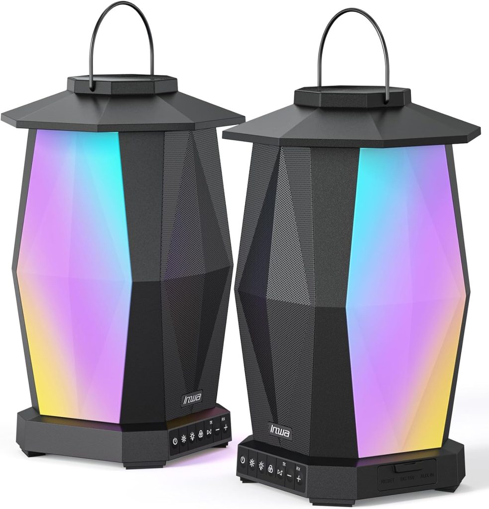 Inwa Outdoor Bluetooth Speakers, Linkable Wireless Speaker Up to 100 Speakers, IPX5 Waterproof, Beat-Driven Light Show, Seamlessly to Phone, TV Box, Projector, Echo Dot, for Patio, Yard, Pool (2 PACK)