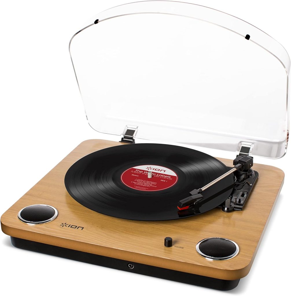 ION Audio Max LP – Vinyl Record Player / Turntable with Built In Speakers, USB Output for Conversion and Three Playback Speeds – Natural Wood Finish