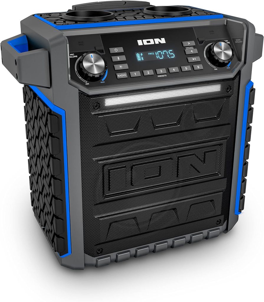 ION Audio Pickup - 100W Water-Resistant Bluetooth Outdoor Speaker with Rechargeable Battery, Karaoke Microphone, Radio, Wheels, Handle  USB Charging