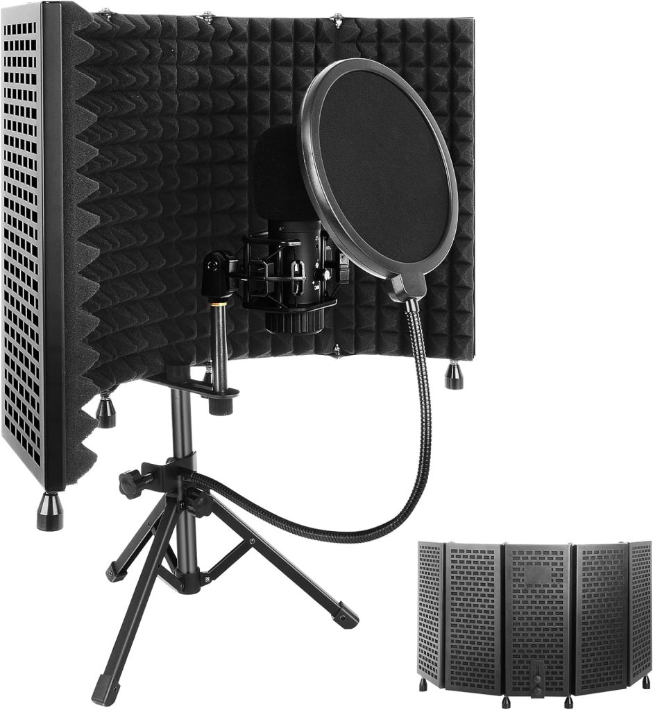 Iouyk Studio Recording Microphone Isolation Shield with Pop Filter and Tripod Stand, High Density Absorbent Foam to Filter Vocal, Foldable Sound Shield for Blue Yeti and Condenser Microphones