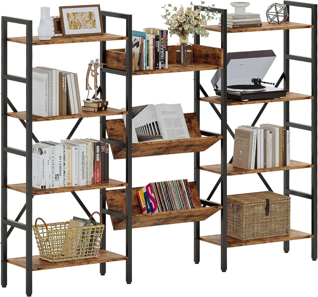 IRONCK Bookcases and Bookshelves Triple Wide 4 Tiers Industrial Bookshelf, Large Etagere Bookshelf Open Record Player Shelves with Metal Frame for Living Room Home Office