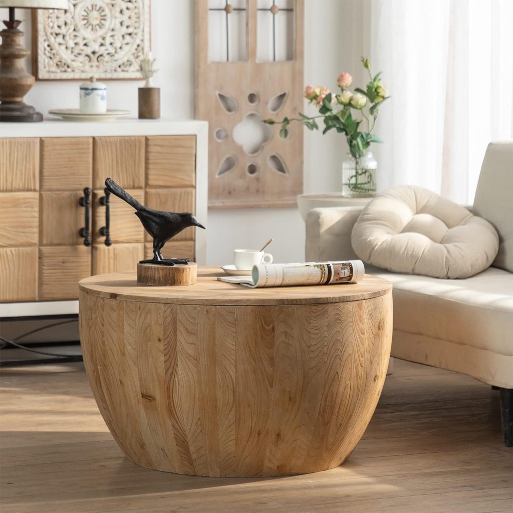 ITAPO Round Wood Coffee Table, Drum Coffee Table, Tree Stump Coffee Table, Solid Wood Coffee Table with Storage for Living Room (31.5’’ Natural)