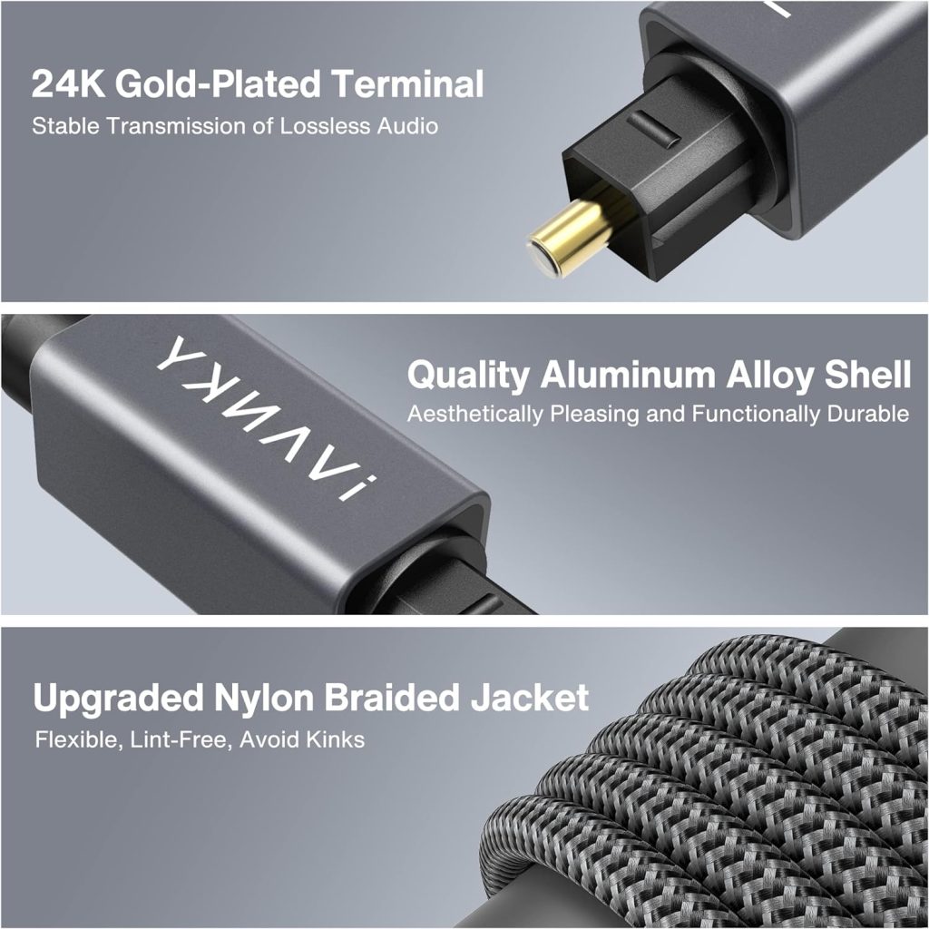 ivanky Digital Optical Audio Cable 6ft/1.8M, Slim Nylon Braided Audio Optical Cord Toslink Cable for Sound Bar, TV, PS4, Xbox, Samsung, Vizio, 24K Gold-Plated - CL3 Rated, Grey