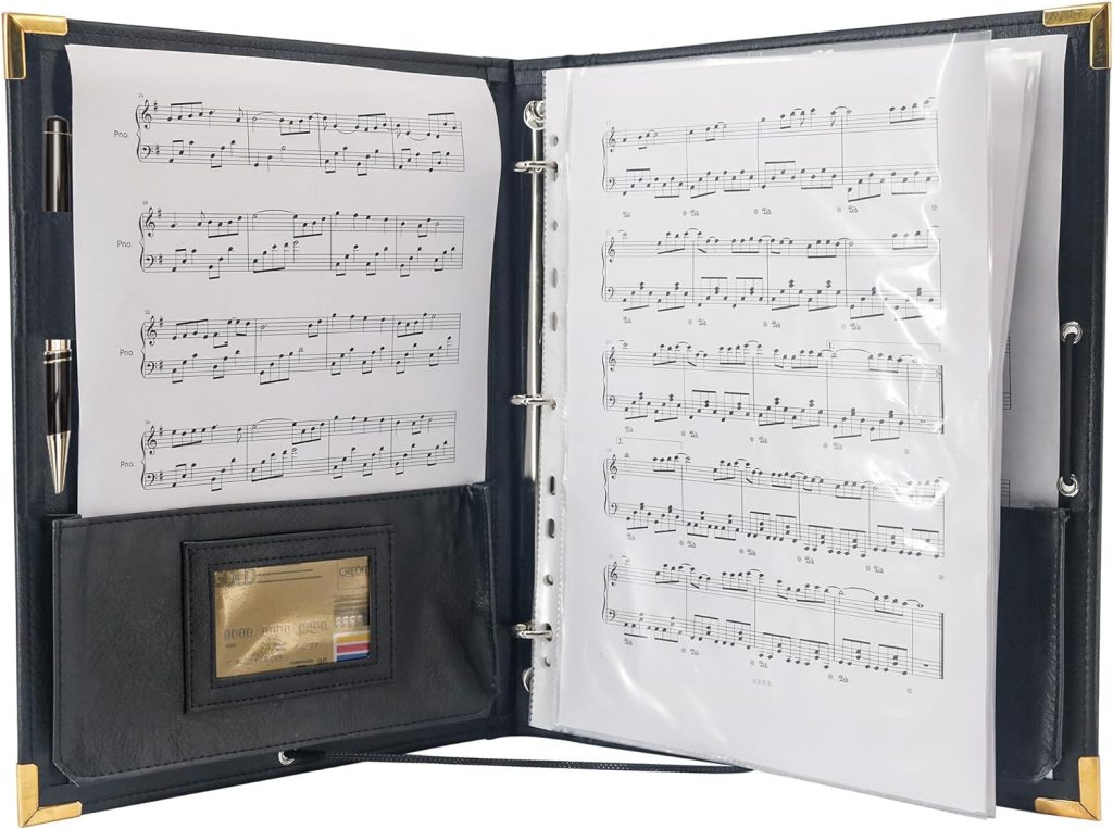IvyRobes Leather Sheet Music Folder Black, 3 Rings Binder 12.5 x 10 Piano Music Binder Choir Folder with Elastic Band,10 Pockets for Sheets 8.5*11/A4