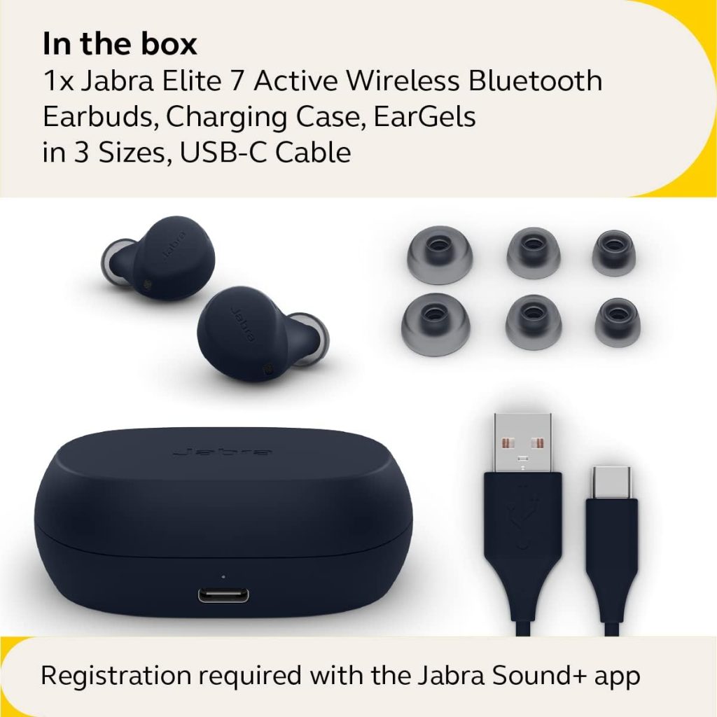 Jabra Elite 7 Active True Wireless— Bluetooth Sports Earbuds Shake Grip for Secure in-Ear Fit — Ultimate Workout Earbuds, Adjustable Active Noise Cancellation, Fast Charging — Navy