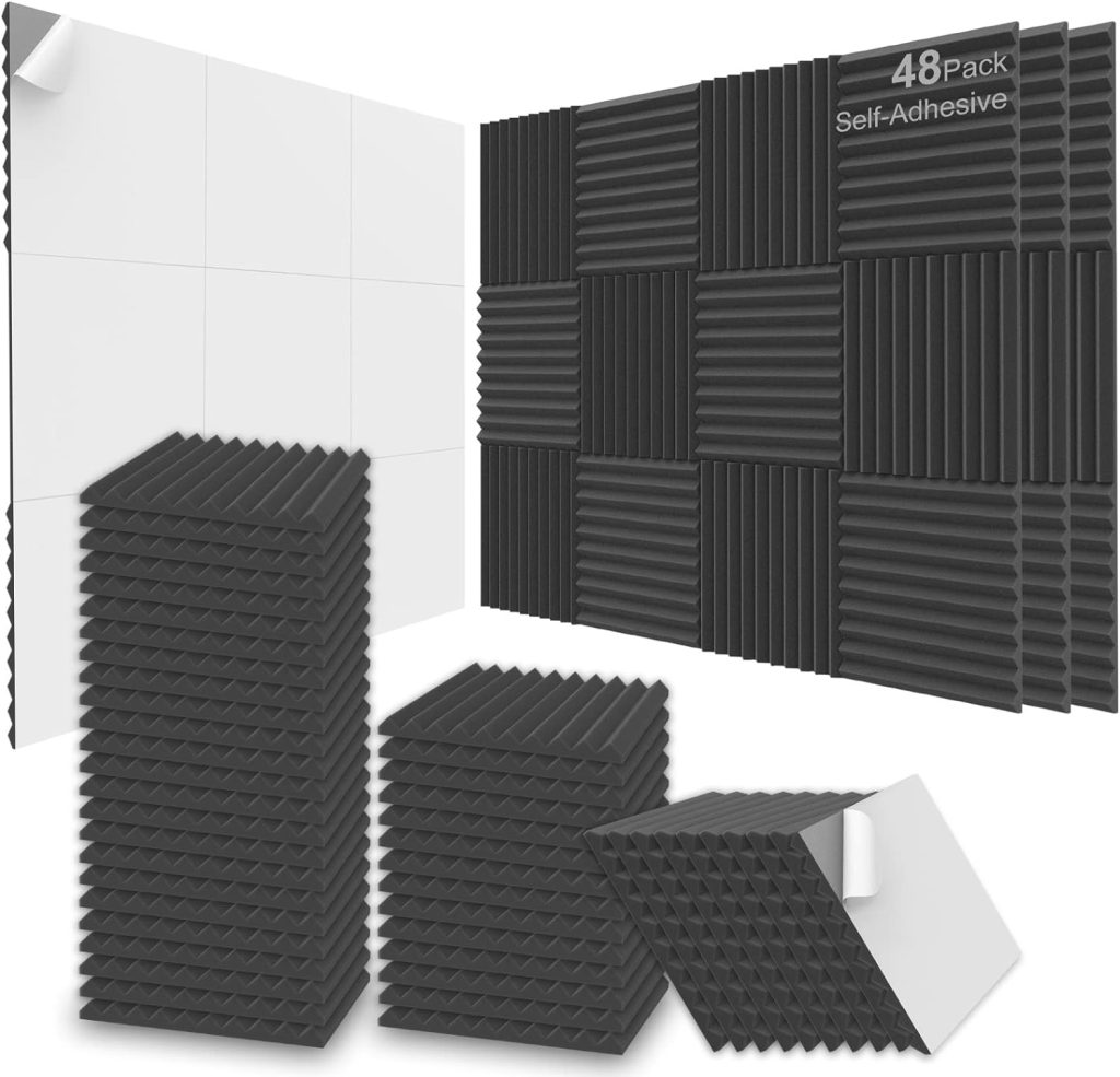JBER Acoustic Foam Panels, 48 Pack 12x12x 1 Inch Upgraded Self-Adhesive Soundproof Wall Panels Sound Absorbing Panel Treatment for Home Office Studio