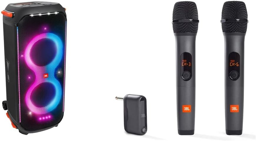 JBL PartyBox 710 -Party Speaker with Powerful Sound, Built-in Lights and Extra Deep Bass, IPX4 Splash Proof, App/Bluetooth Connectivity, (Black)  Wireless Two Microphone System