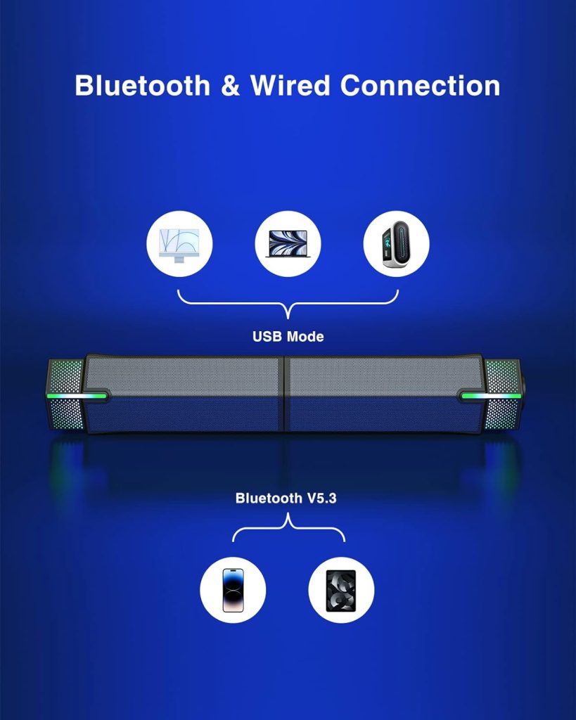 Jeecoo M20 Bluetooth Computer Speakers for PC Desktop Monitor, Gaming PC Sound Bar - Wired USB-Powered, Superb Stereo Sound, with Gradient RGB Lighting - Combine/Separate to Customize Your Desk