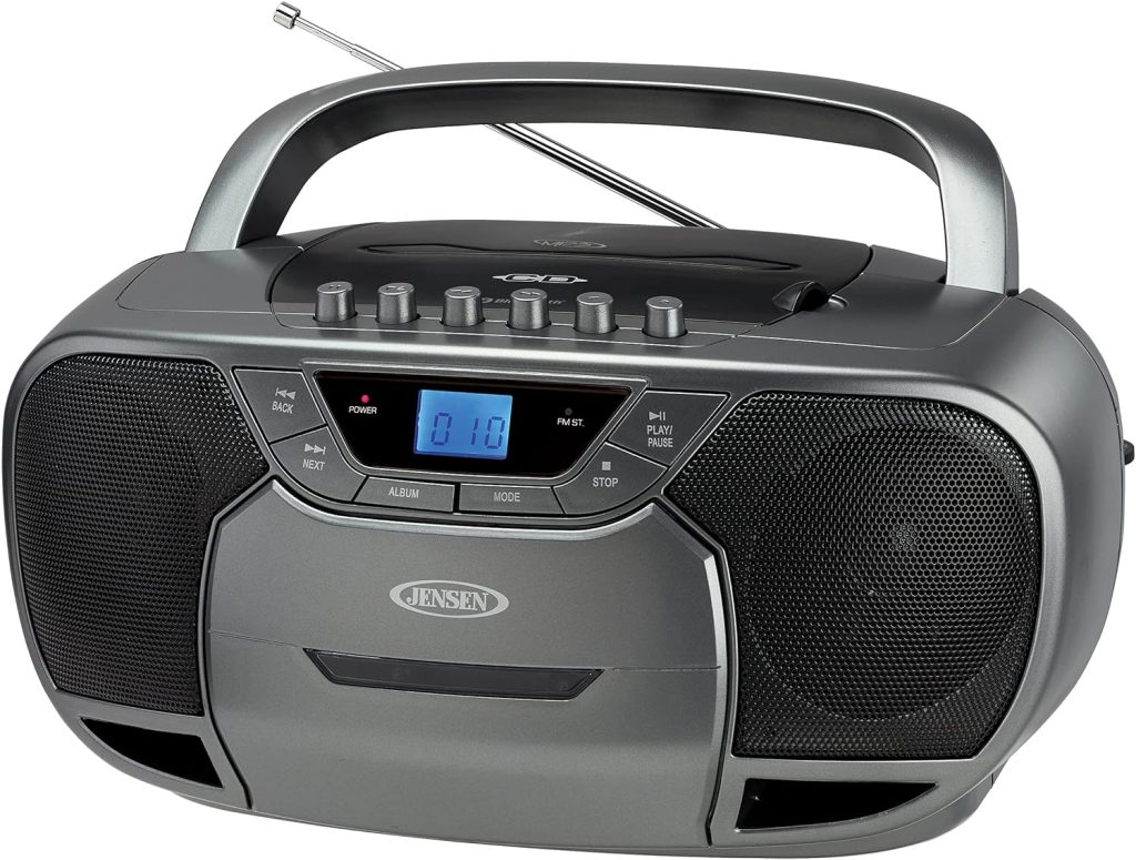 JENSEN CD-590-GR CD-590 1-Watt Portable Stereo CD and Cassette Player/Recorder with AM/FM Radio and Bluetooth (Gray)