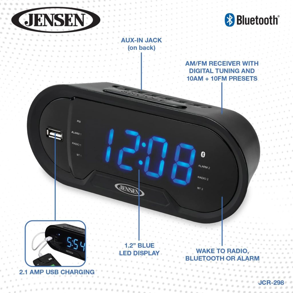 Jensen JCR-298 JCR-298 AM/FM Dual-Alarm Digital Clock Radio with Bluetooth