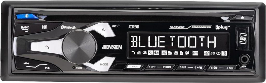 Jensen JCR311 10 Character LCD Single DIN Car Stereo Radio CD Player Push to Talk Assistant Bluetooth Hands Free Calling  Music Streaming AM/FM Radio USB Playback  Charging